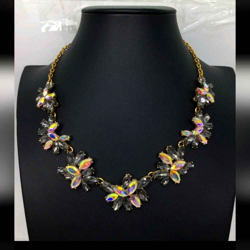 J. Crew Gray & Iridescent Rhinestone Statement Necklace EUC 16"